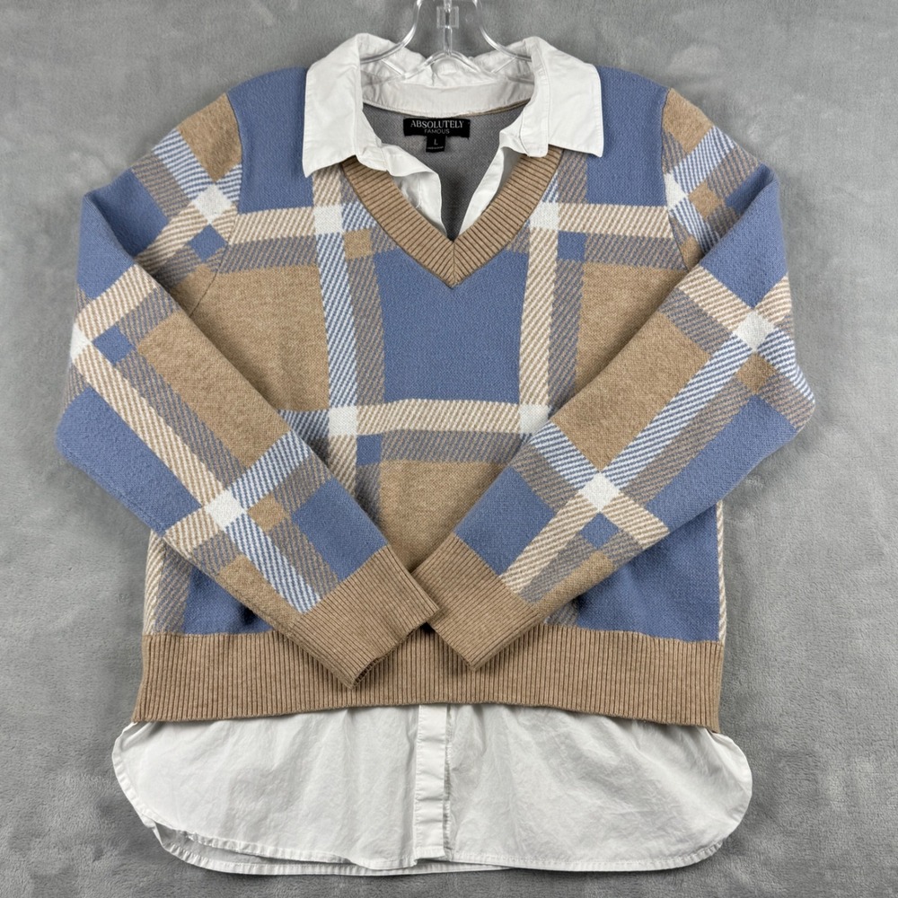Absolutely Famous Women's Plaid V Neck Layered Pullover Sweater Knit Top Size L